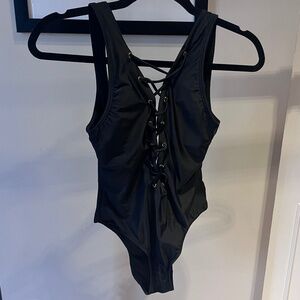 Black Lace-Up One-Piece Swimsuit  - Deep V Plunge - Size S